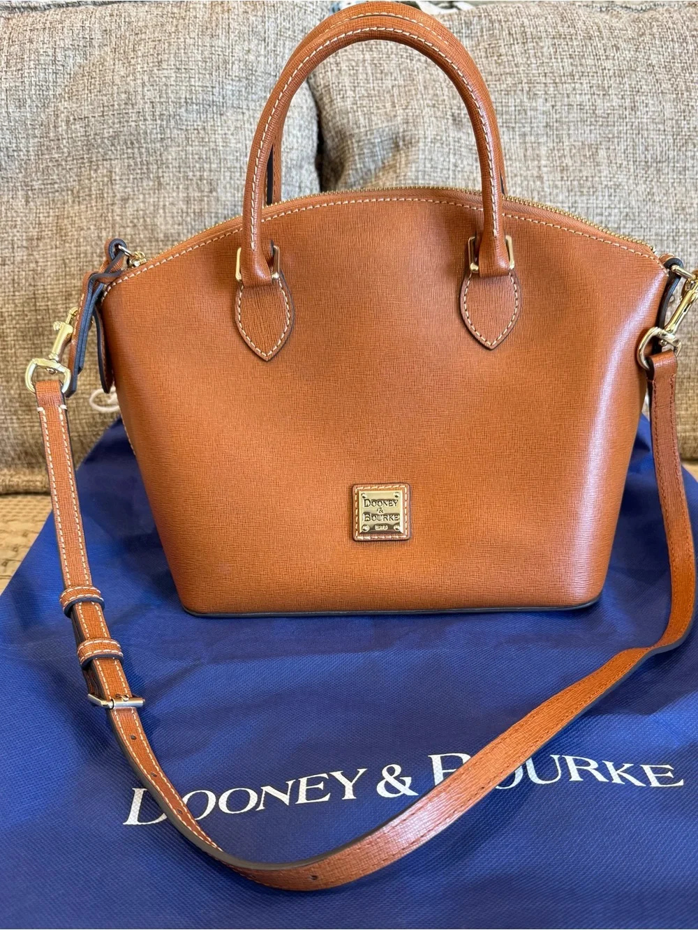 Dooney & Bourke Cognac Leather Dome Satchel with Crossbody Strap
